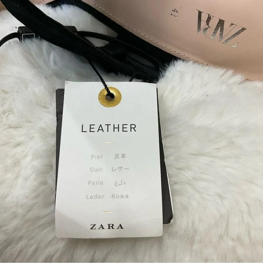 NEW ZARA black suede leather double straps square tie slip on sandals 10